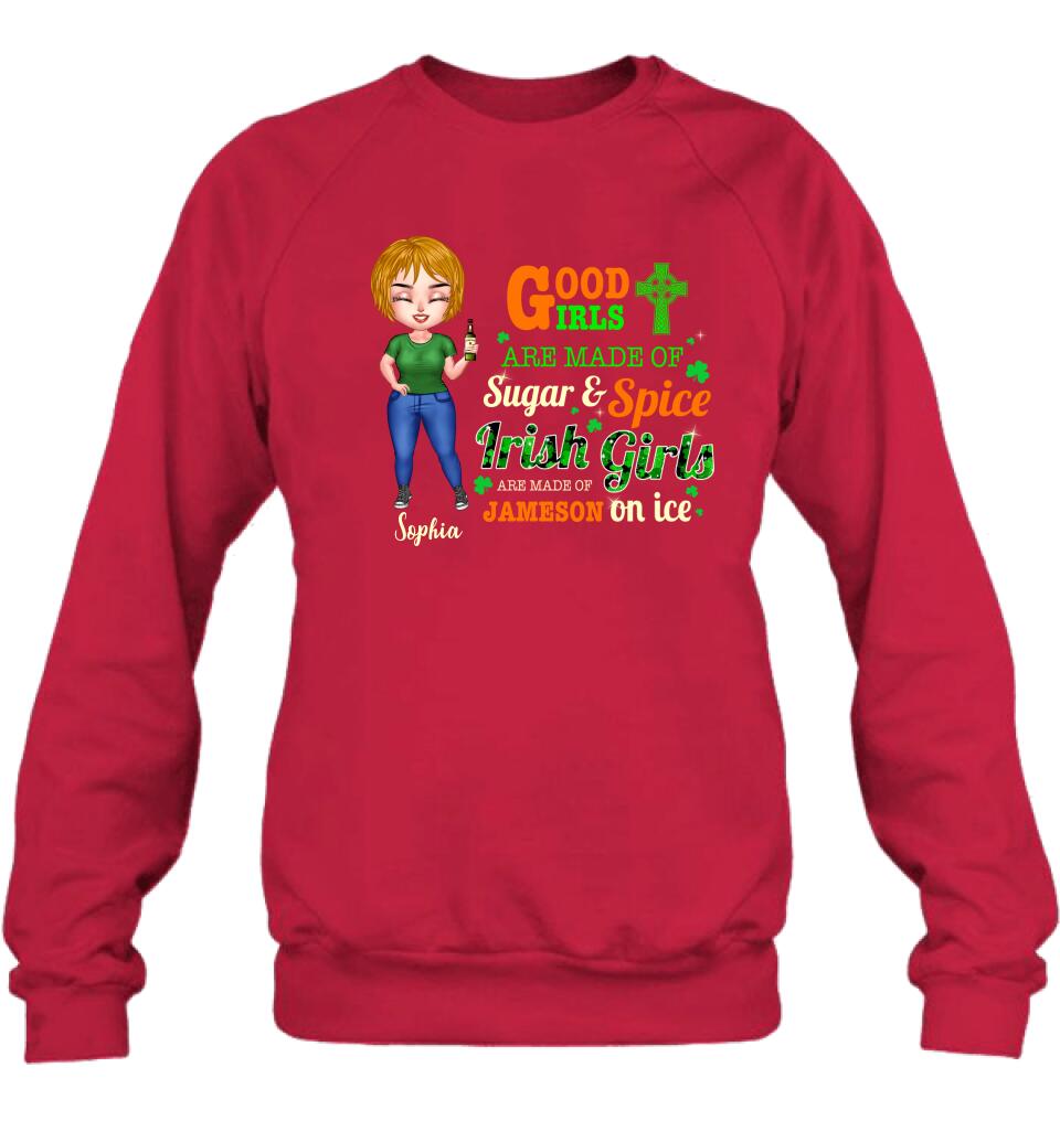 Personalized Irish Girl Chibi Shirt/Pullover Hoodie/Sweatshirt/Long Sleeve - Gift Idea For St Patrick's Day - Irish Girls Are Made Of Jameson On Ice