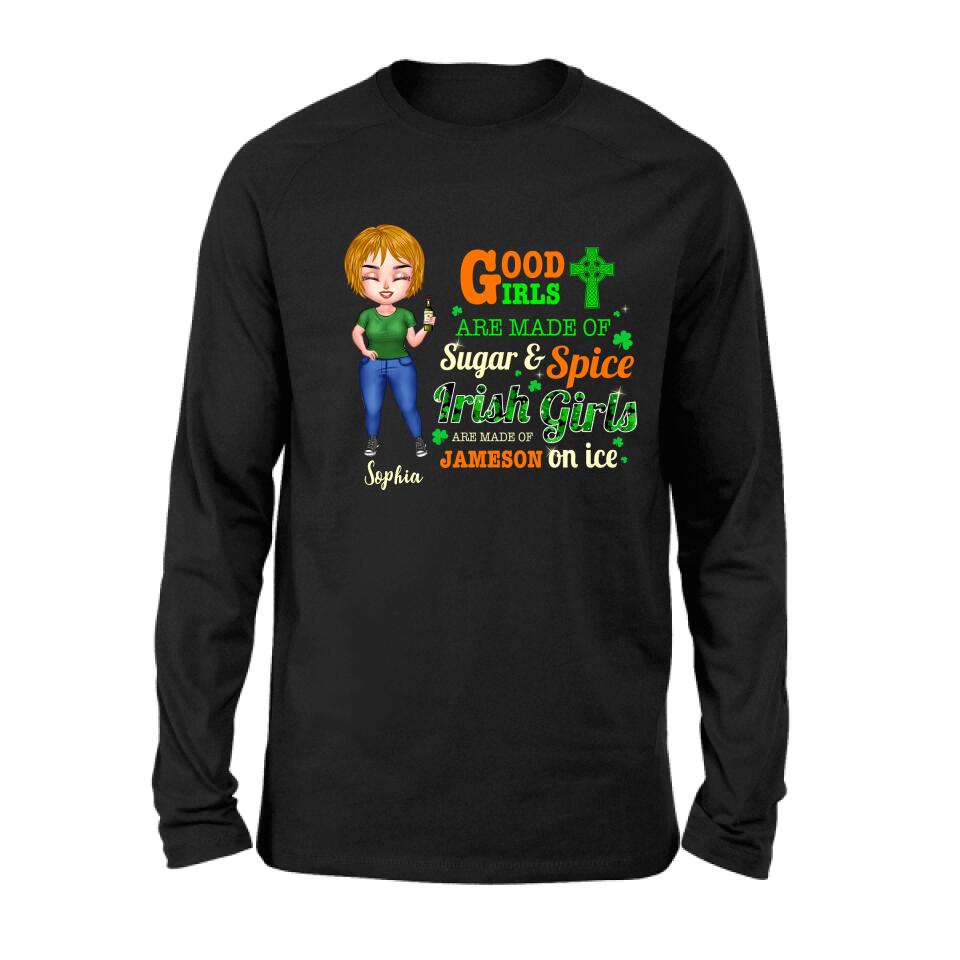 Personalized Irish Girl Chibi Shirt/Pullover Hoodie/Sweatshirt/Long Sleeve - Gift Idea For St Patrick's Day - Irish Girls Are Made Of Jameson On Ice