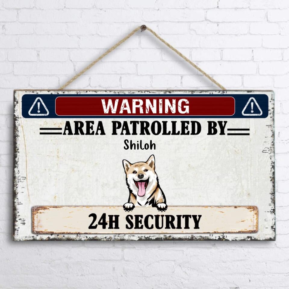 Personalized Warning Dog Rectangle Wooden Sign - Gift Idea For Dog Lovers - Up To 5 Dogs - Warning Area Patrolled By 24h Security