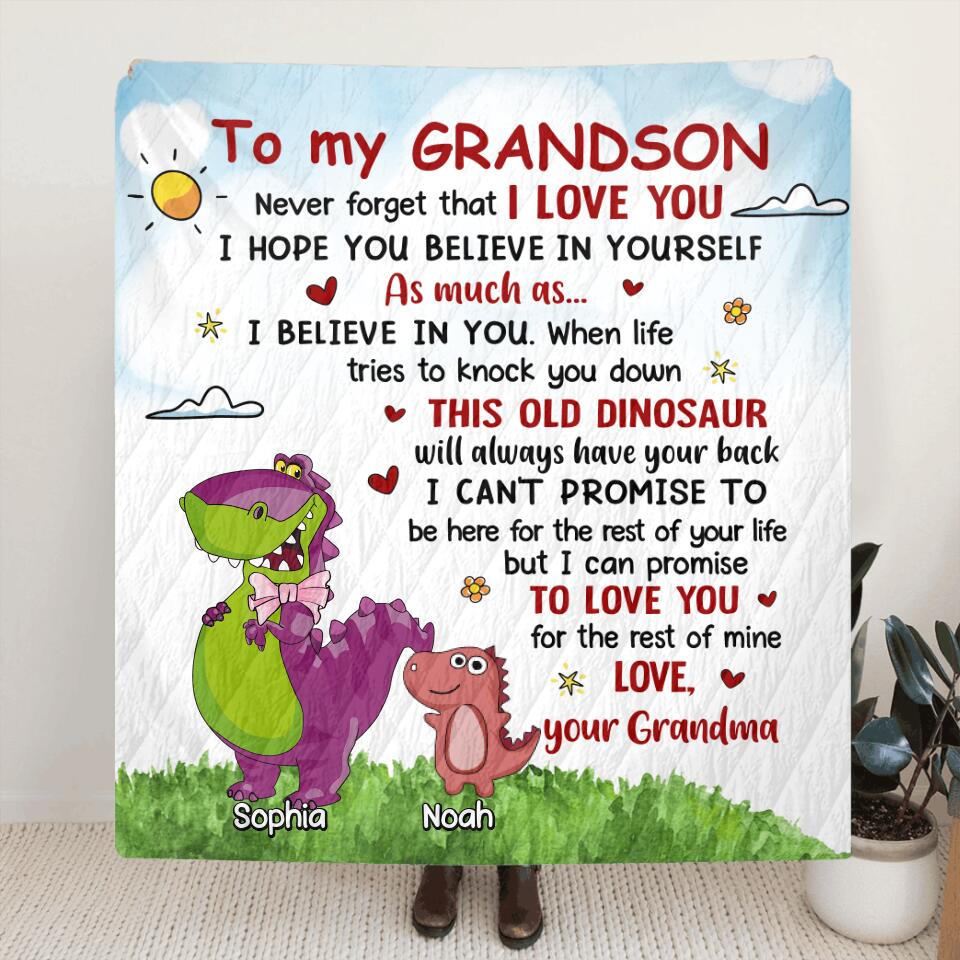Personalized To My Grandson Dinosaur Pillow Cover/Fleece Blanket/Quilt - Gift Idea For Grandkid From Grandma - Never Forget That I Love You