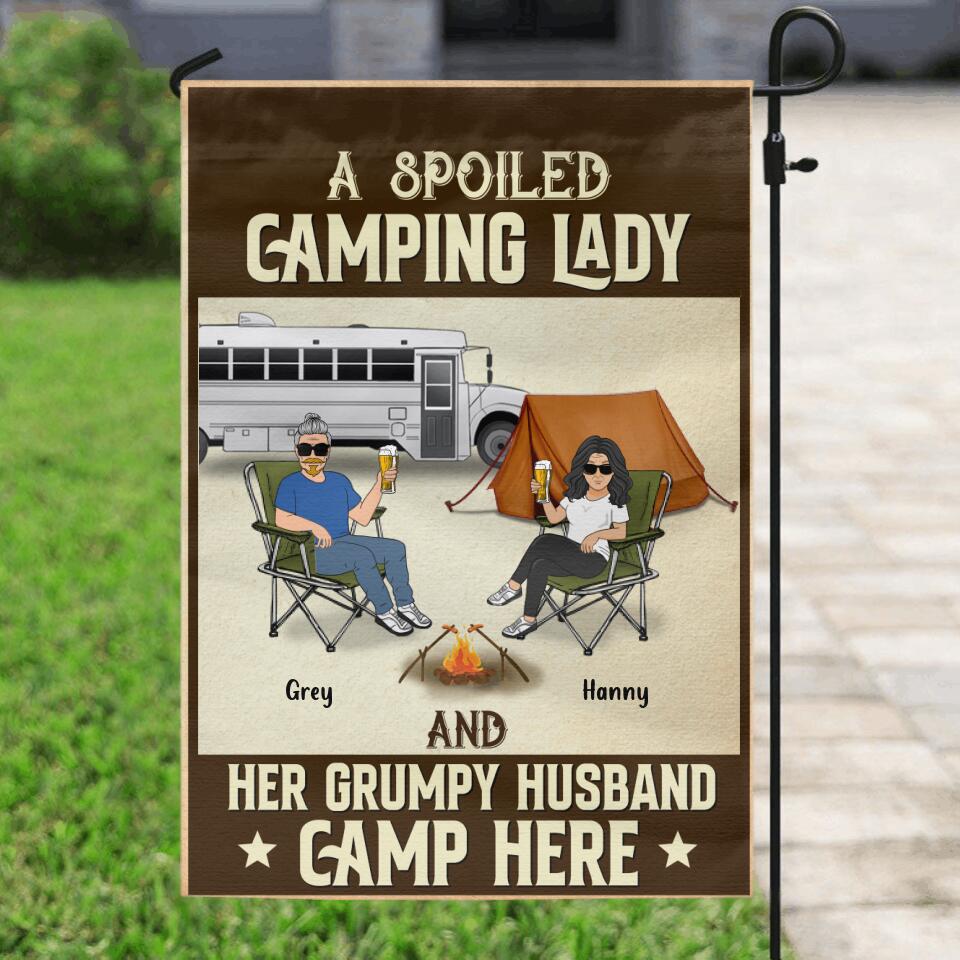 Personalized Couple Camping Flag Sign - Couple With Up to 4 Pets - Gift Idea For Camping/Dog/Cat Lover - A Spoiled Camping Lady And Her Grumpy Husband Camp Here