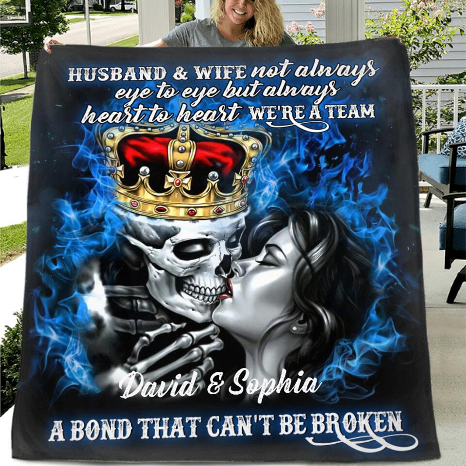 Personalized Skull Couple Quilt/Fleece Throw Blanket - Gift Idea For Couple - Husband & Wife Not Always Eye To Eye But Always Heart To Heart