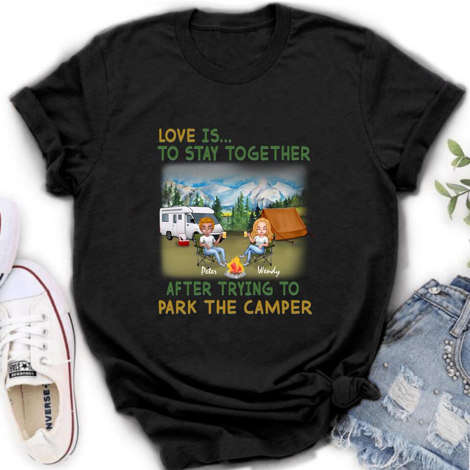 Personalized Camping Couple Chibi Shirt/Pullover Hoodie - Couple With Up to 2 Dogs - Gift Idea For Dog/Camping Lover - Love Is To Stay Together