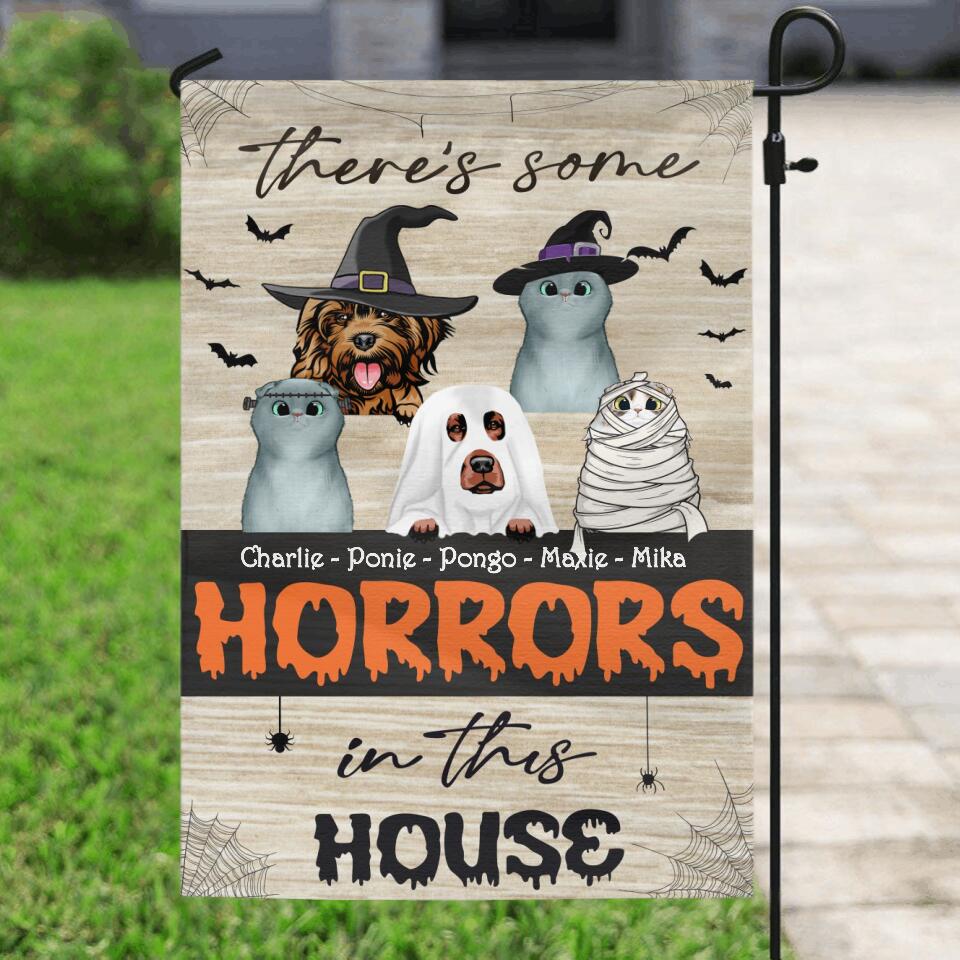 Personalized Halloween Flag Sign - Gift Idea For Halloween/Pet Lover with up to 5 Pets - There's Some Horrors In This House