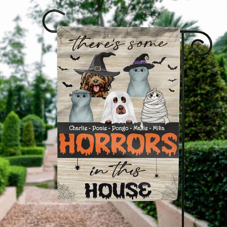 Personalized Halloween Flag Sign - Gift Idea For Halloween/Pet Lover with up to 5 Pets - There's Some Horrors In This House