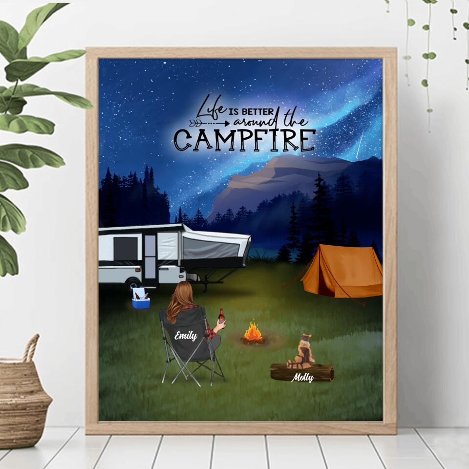 Personalized Night Camping Poster - Best Gift Idea For The Whole Family/Couple/Solo - Camping Family/Couple/Solo With Up to 6 Pets - Life Is Better Around The Campfire