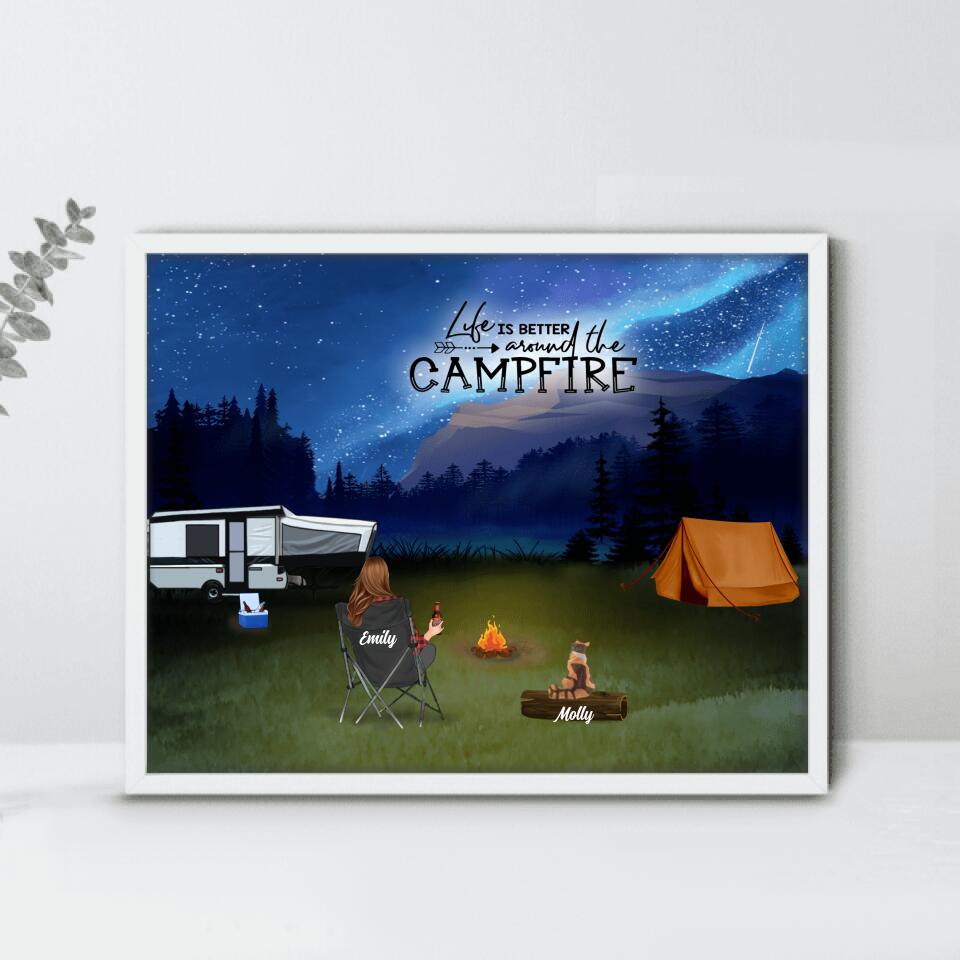 Personalized Night Camping Poster - Best Gift Idea For The Whole Family/Couple/Solo - Camping Family/Couple/Solo With Up to 6 Pets - Life Is Better Around The Campfire