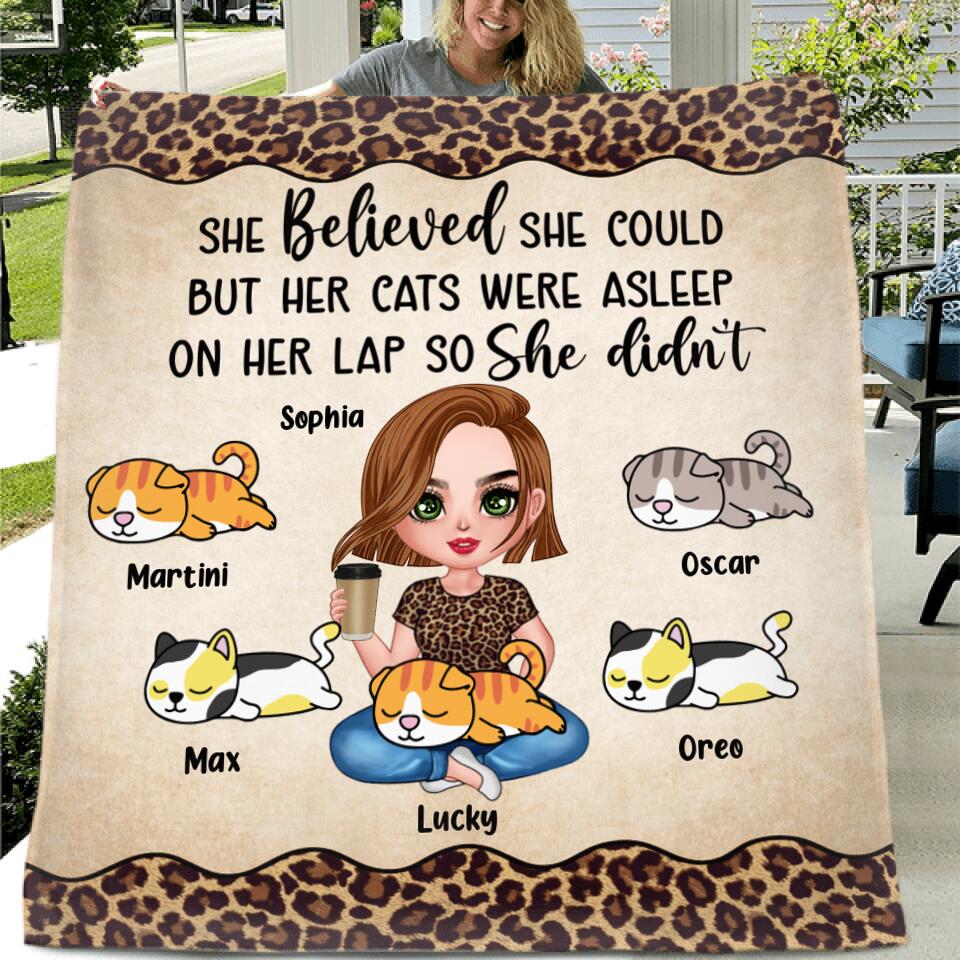 Personalized Cat Mom Fleece Throw Blanket/Quilt - Gift Idea For Cat Owner with up to 5 Cats - Her Cats Were Asleep On Her Lap