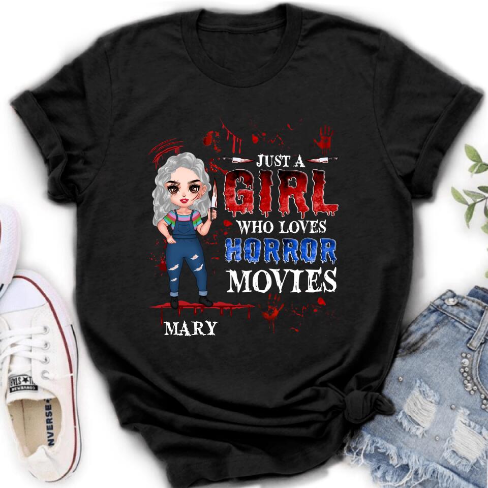 Personalized Halloween Shirt/Hoodie - Gift Idea For Halloween - Just A Girl Who Loves Horror Movies