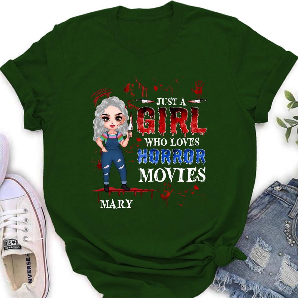 Personalized Halloween Shirt/Hoodie - Gift Idea For Halloween - Just A Girl Who Loves Horror Movies
