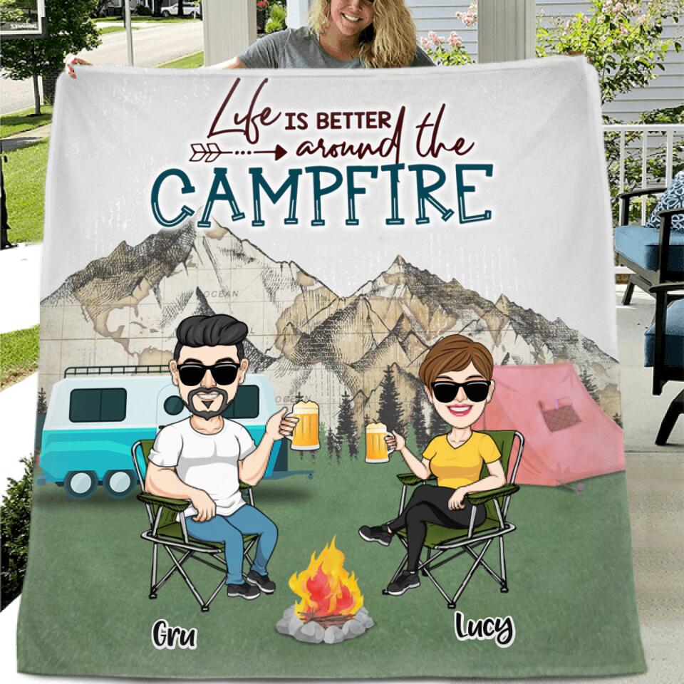 Personalized Camping Couple Fleece Throw Blanket/Quilt - Couple With Up to 4 Dogs - Gift Idea For Camping/Dog Lover - Life Is Better Around The Campfire