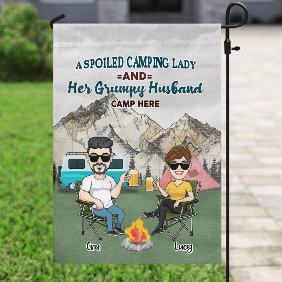 Personalized Camping Couple Flag - Couple With Up to 4 Dogs - Gift Idea For Camping/Dog Lover - A Spoiled Camping Lady And Her Grumpy Husband Camp Here