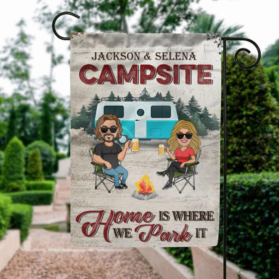 Personalized Camping Couple Flag Sign - Couple With Up to 4 Dogs - Gift Idea For Couple/Camping Lover - Home Is Where We Park It