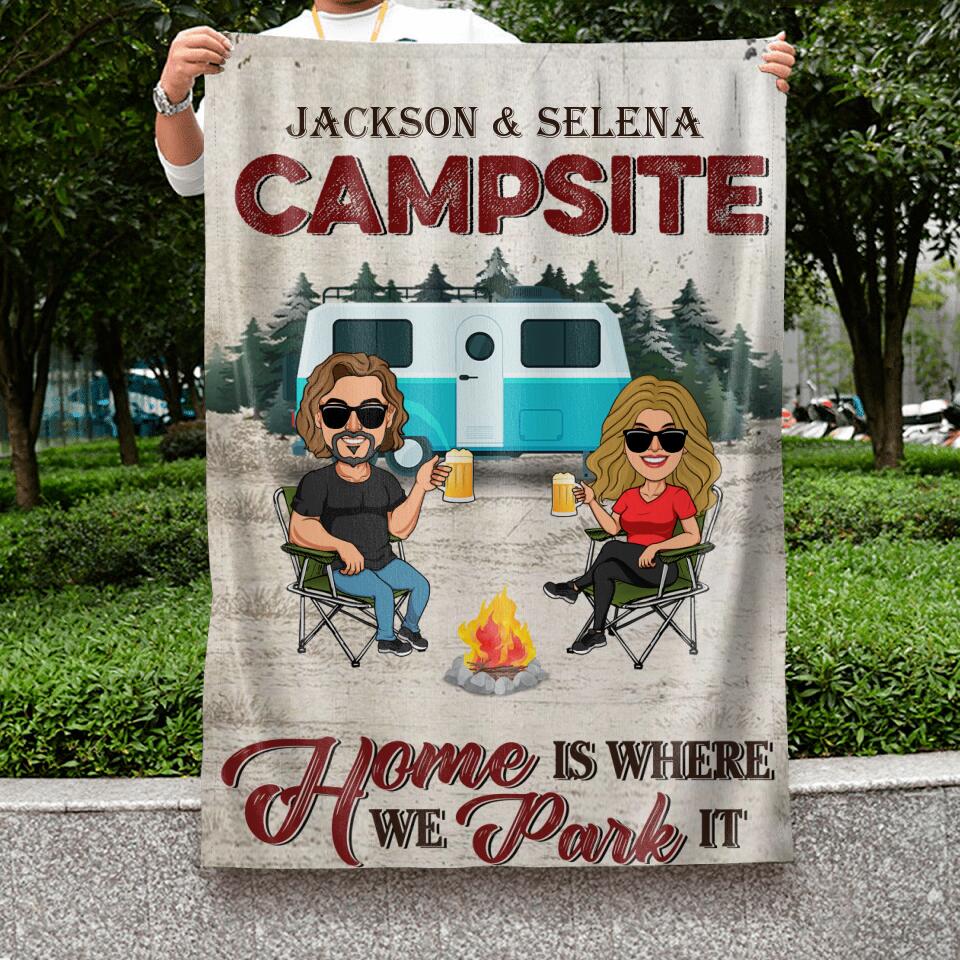 Personalized Camping Couple Flag Sign - Couple With Up to 4 Dogs - Gift Idea For Couple/Camping Lover - Home Is Where We Park It