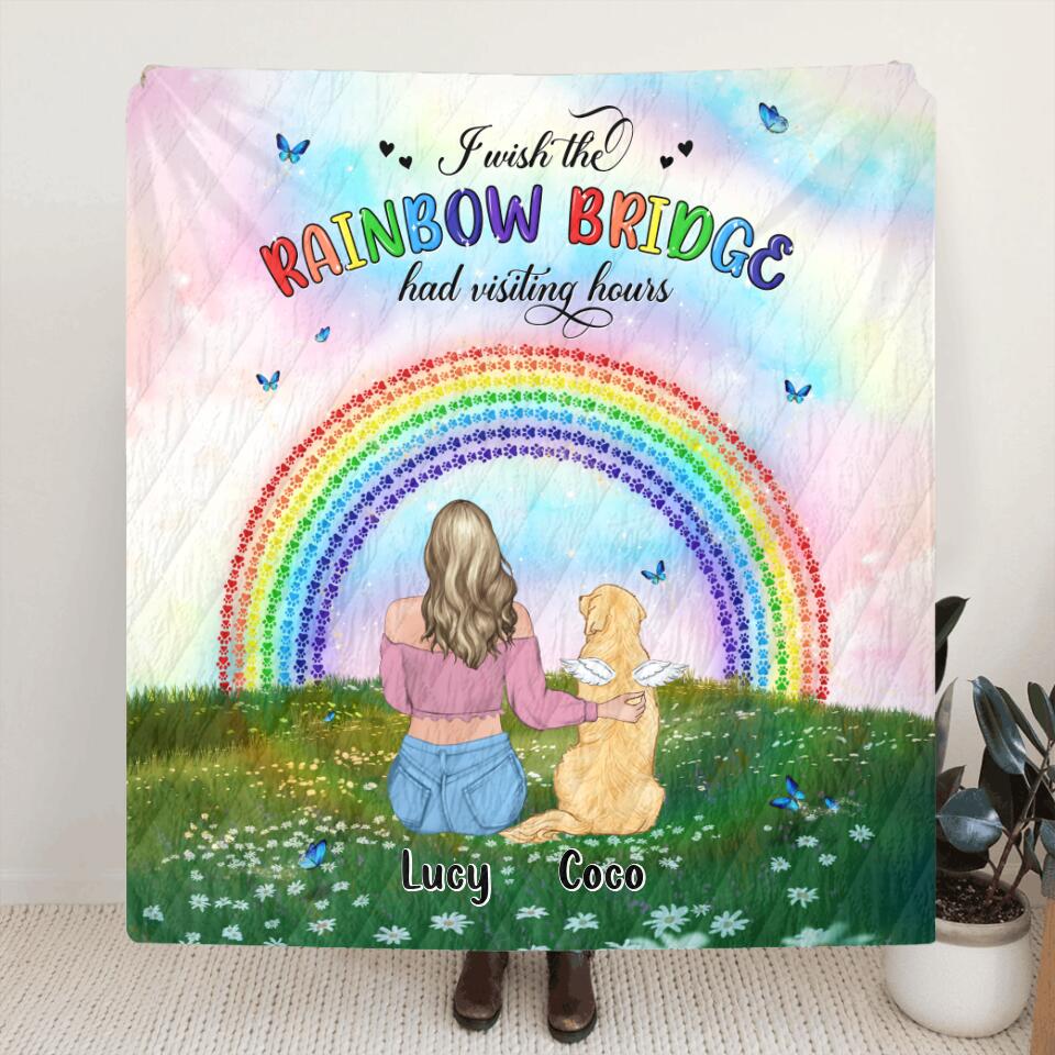Personalized Dog, Cat Memorial Fleece Throw Blanket/Quilt - Up to 4 Pets - Memorial Gift For Dog/Cat Lover - I Wish The Rainbow Bridge Had Visiting Hours