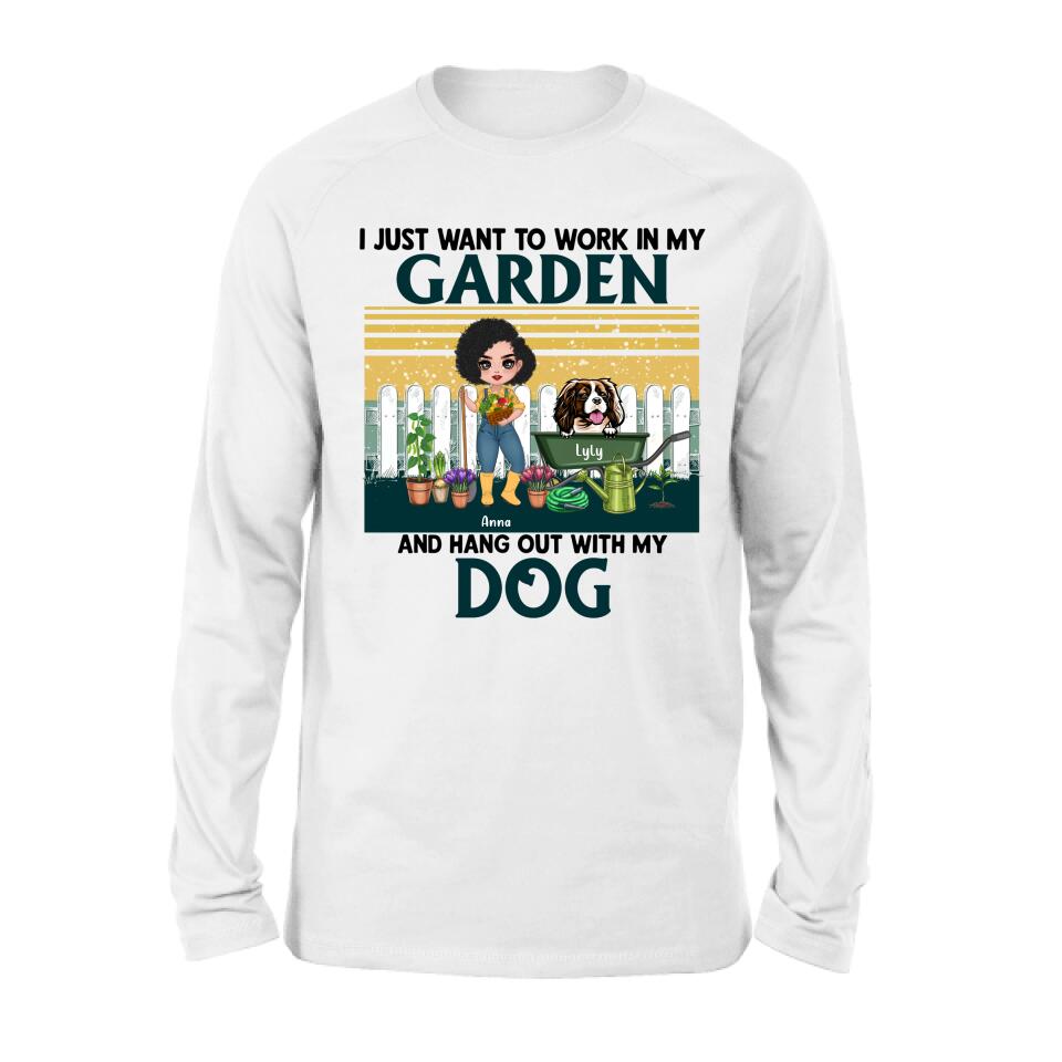 Personalized Gardening Girl Shirt/ Hoodie - Gift Idea For Gardening Lover/ Dog Lover with up to 6 Dogs - I Just Want To Work In My Garden and Hang Out With My Dog