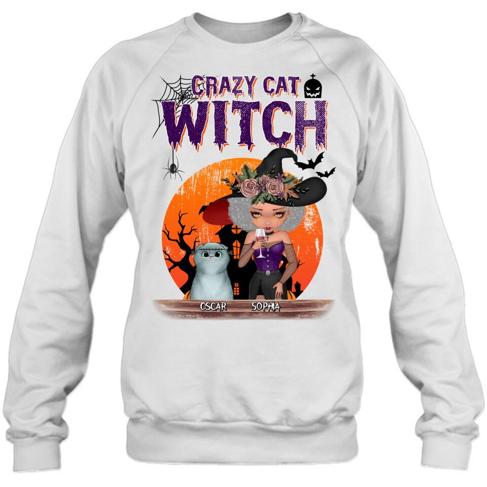 Personalized Crazy Cat Witch T-Shirt - Up to 4 Cats - Halloween Gift Idea For Cat Lovers