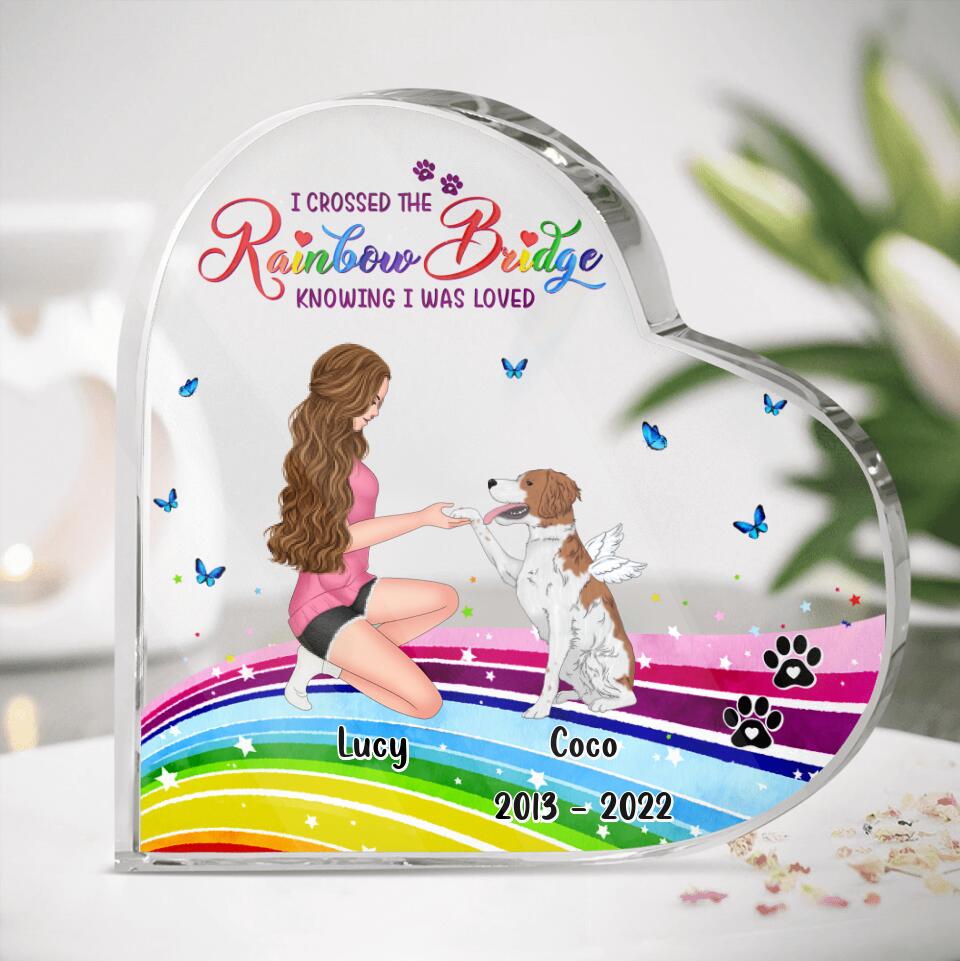 Personalized Girl & Dog Crystal Heart - Memorial Gift Idea For Dog Owner - I Crossed The Rainbow Bridge Knowing I Was Loved