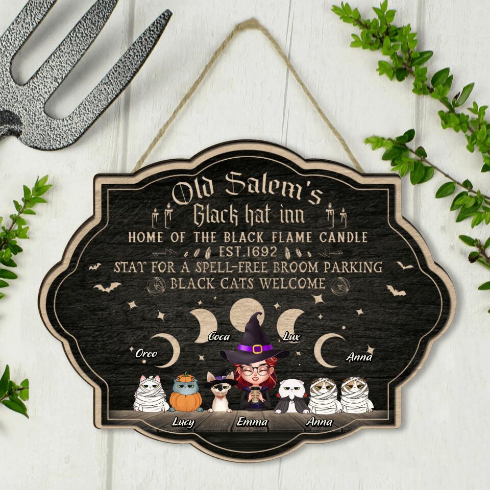 Personalized Halloween Cat Mom Wooden Sign - Up to 6 Cats - Halloween Gift For Cat Lovers/Wiccan Decor/Pagan Decor - Old Salem's Black Hat Inn Home of The Black Flame Candle est.1692