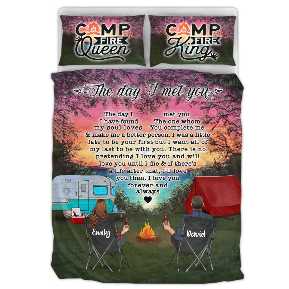 Personalized Camping Couple Quilt Bed Sets - Up to 3 Kids And 4 Pets - Gift Idea For Camping Lover - The Day I Met You