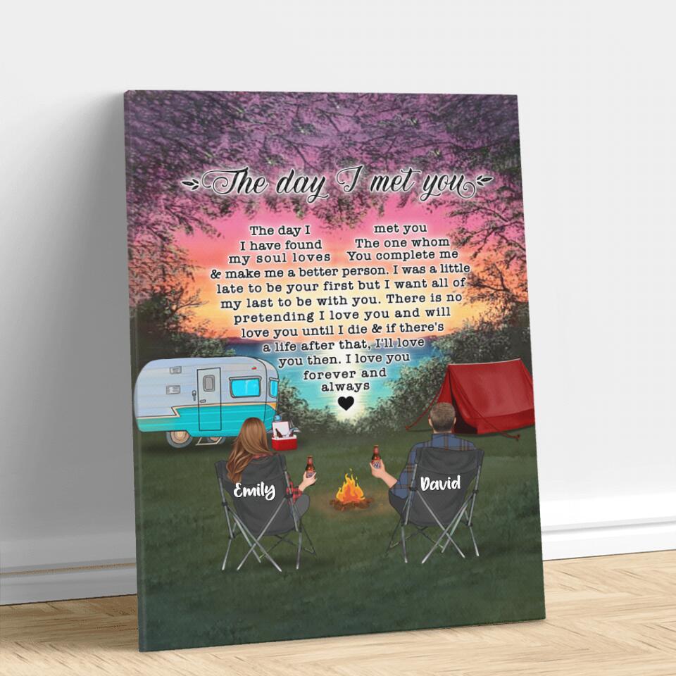 Personalized Camping Couple Canvas - Couple/Parents With Up to 3 Kids And 4 Pets - Gift Idea For Camping Lover - The Day I Met You