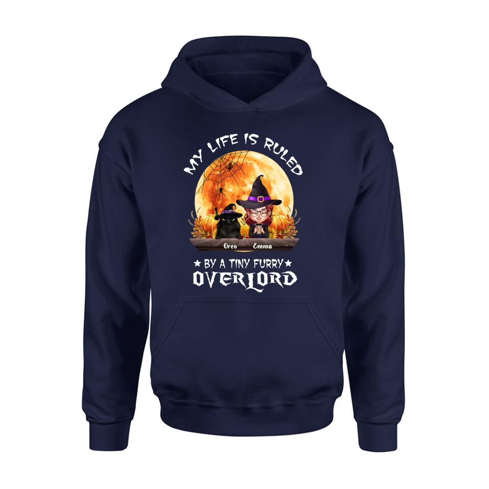 Personalized Cat Witch T-Shirt/Sweatshirt/Hoodie - Up to 5 Cats - Halloween Gift Idea For Cat Lovers - My Life Is Ruled By A Tiny Furry Overlord