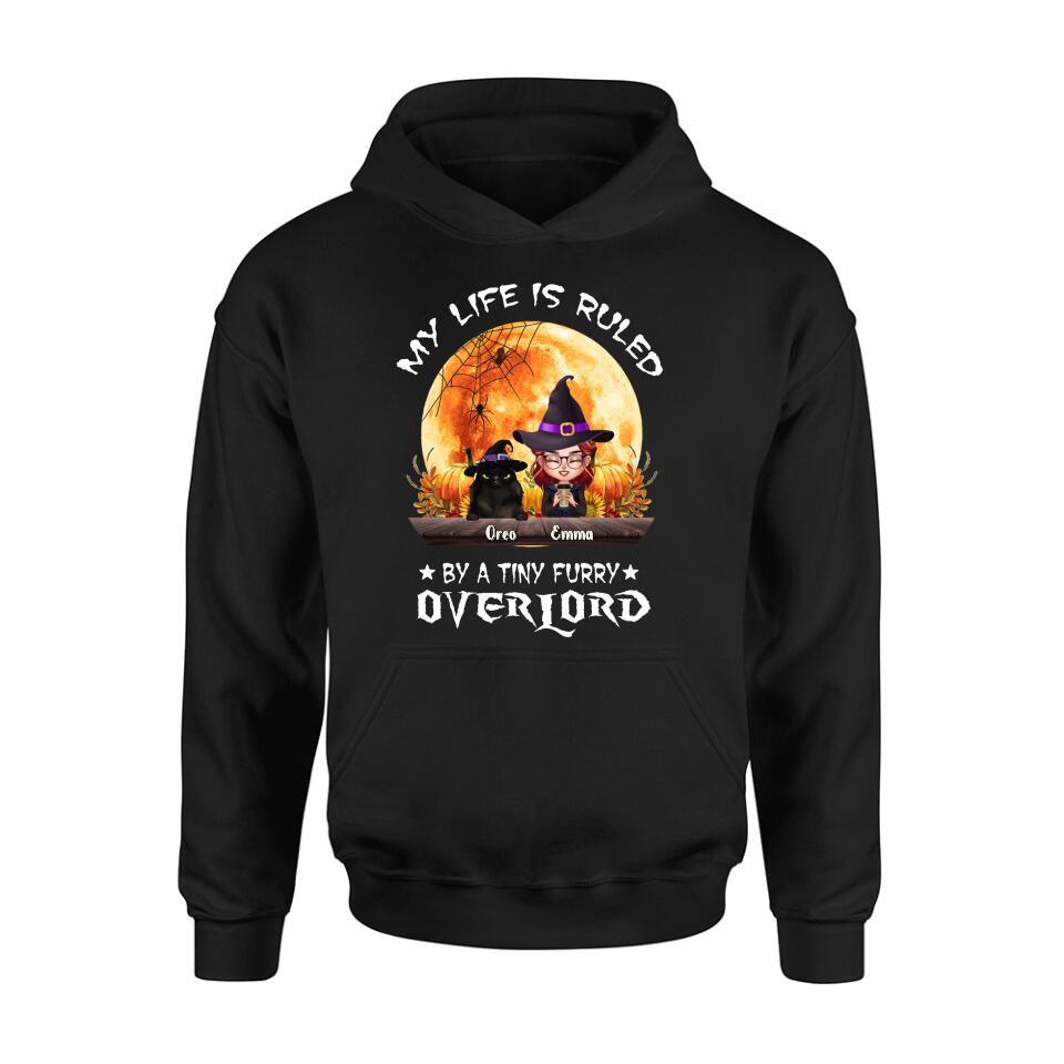 Personalized Cat Witch T-Shirt/Sweatshirt/Hoodie - Up to 5 Cats - Halloween Gift Idea For Cat Lovers - My Life Is Ruled By A Tiny Furry Overlord