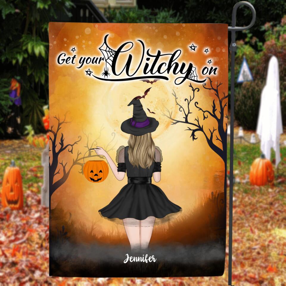 Personalized Halloween Garden Flag - Gift For Friends, Cat Lovers/Wiccan Decor - Up to 4 Girls and 3 Cats - Get Your Witchy on