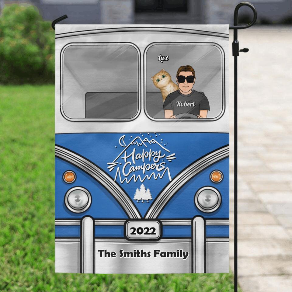 Personalized Happy Campers Flag Sign - Up to 3 Kids And 3 Pets - Camping Gift For Family Members, Campers/Dog/Cat Lover