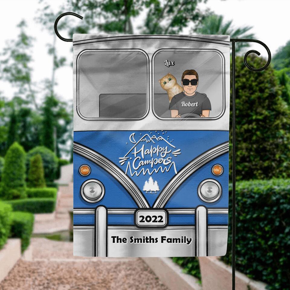Personalized Happy Campers Flag Sign - Up to 3 Kids And 3 Pets - Camping Gift For Family Members, Campers/Dog/Cat Lover