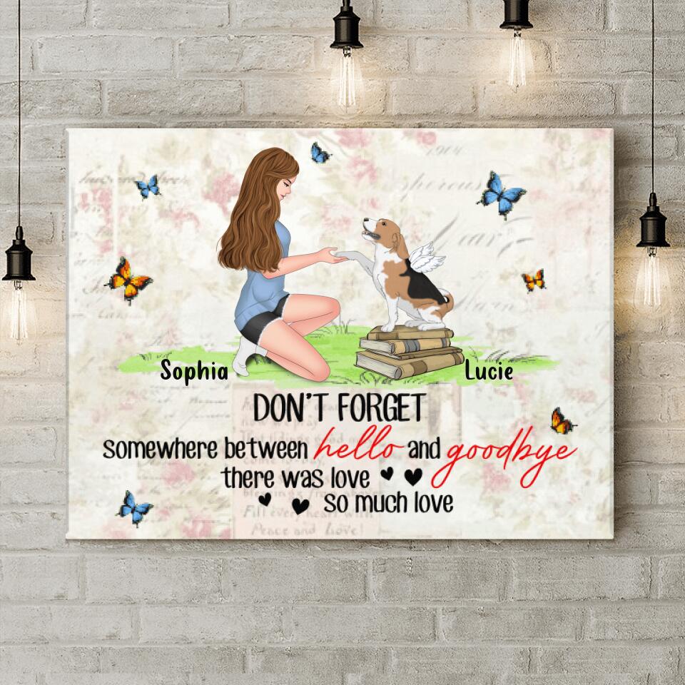 Personalized Memorial Dog Mom Horizontal Canvas - Memorial Gift For Dog Mom/Dog Lovers - Don't Forget Somewhere Between Hello And Goodbye, There Was Love So Much Love