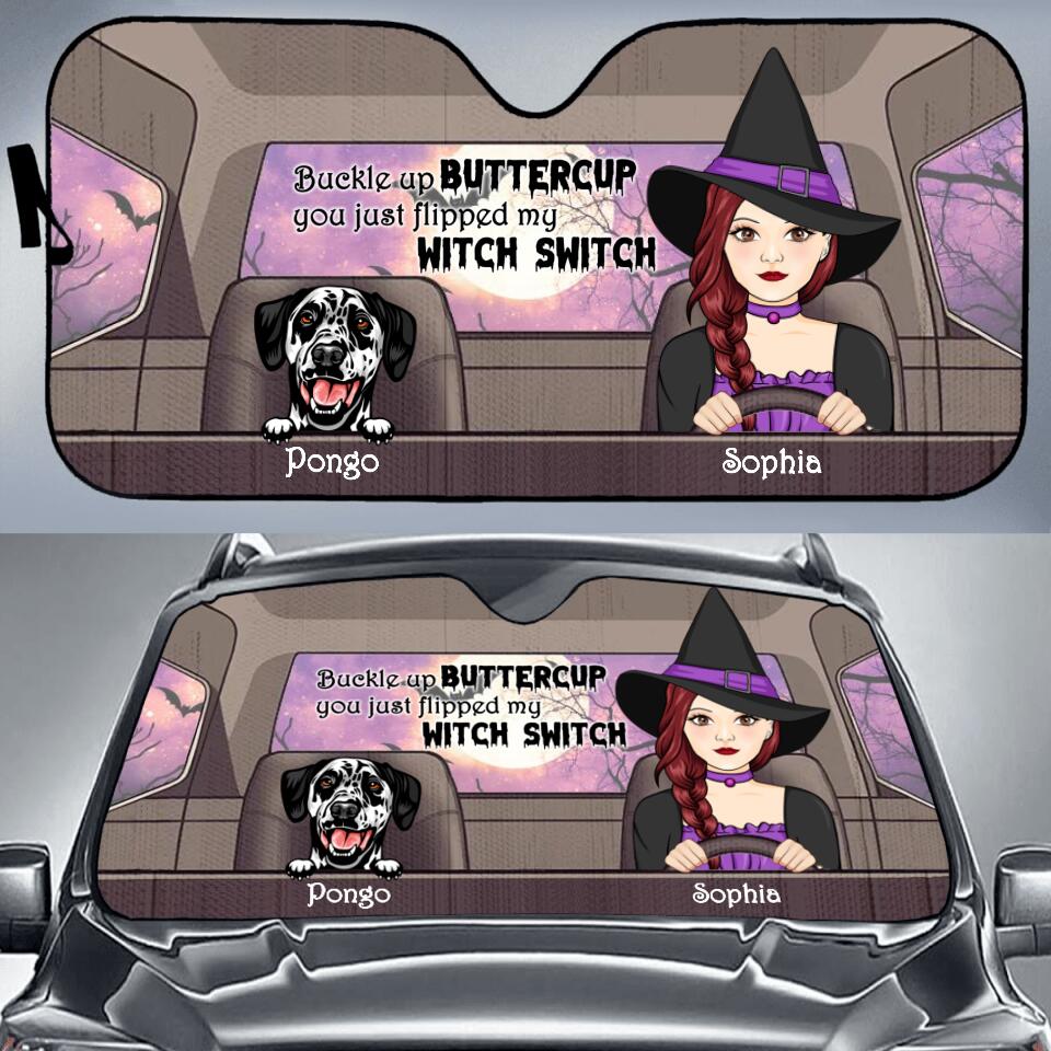 Personalized Dog Witch Car Sunshade - Up to 5 Dogs - Halloween Gift Idea For Dog Lovers - Buckle Up Buttercup You Just Flipped My Witch Switch