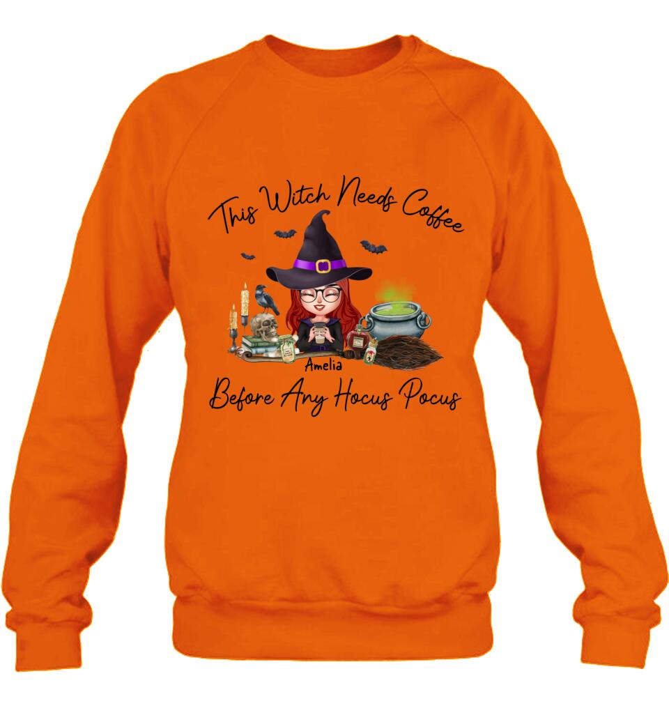 Personalized Witch T-shirt/Long Sleeve/Sweatshirt/Hoodie - Halloween Gift Idea - This Witch Needs Coffee Before Any Hocus Pocus