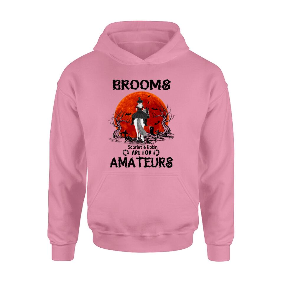 Personalized Witch Riding Horse Shirt/Hoodie -  Halloween Gift For Horse Lovers/Friends/Besties - Up to 4 Girls - Brooms Are For Amateurs