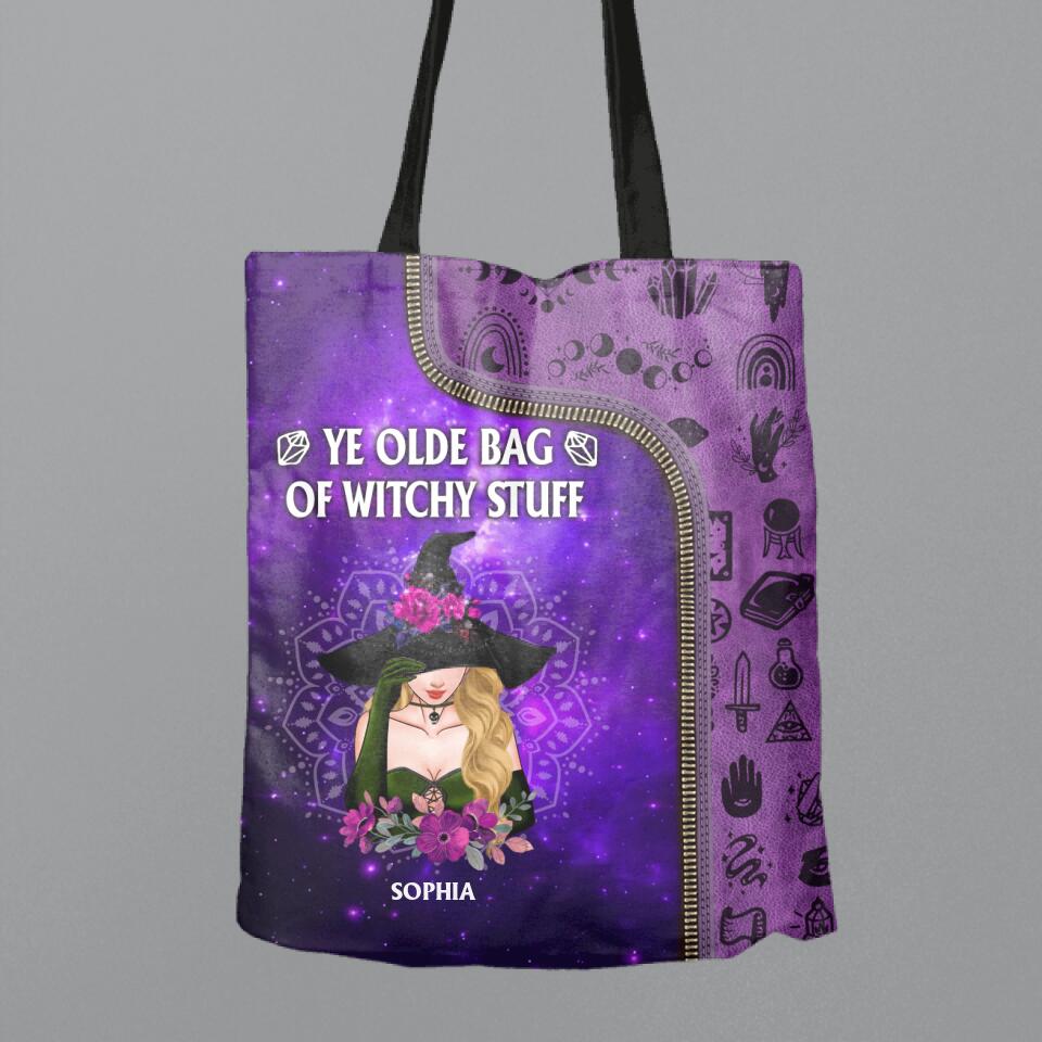 Custom Personalized Witch Canvas Bag - Gift Idea For Halloween - Ye Olde Bag Of Witchy Stuff