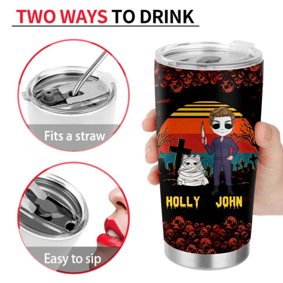 Personalized Horror Movie Tumbler - Halloween Gift For Dog Lover/Cat Lover/Horror Movie Lover - Up to 4 Dogs/Cats - I Just Want To Pet My Cat And Watch Horror Movies