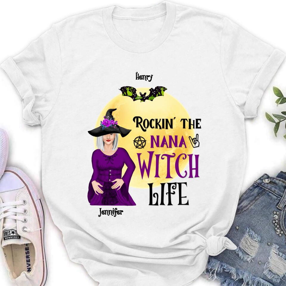 Personalized Halloween Shirt/Hoodie - Gift Idea For Halloween/Nana From Kids with up to 7 Kids - Rockin' The Nana Witch Life