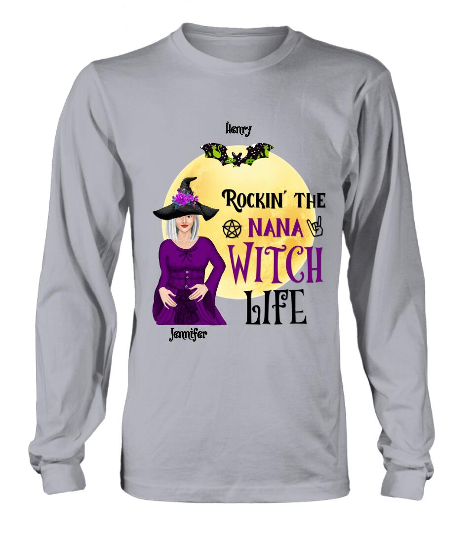 Personalized Halloween Shirt/Hoodie - Gift Idea For Halloween/Nana From Kids with up to 7 Kids - Rockin' The Nana Witch Life