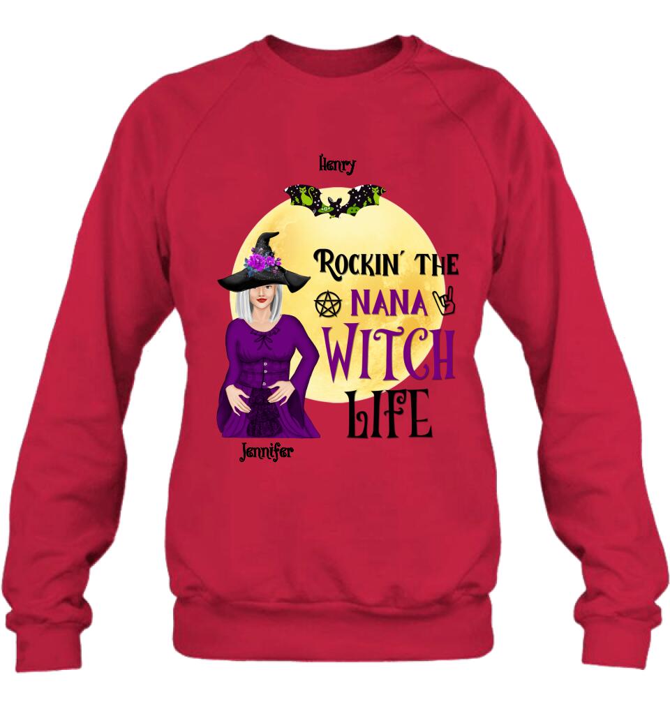 Personalized Halloween Shirt/Hoodie - Gift Idea For Halloween/Nana From Kids with up to 7 Kids - Rockin' The Nana Witch Life