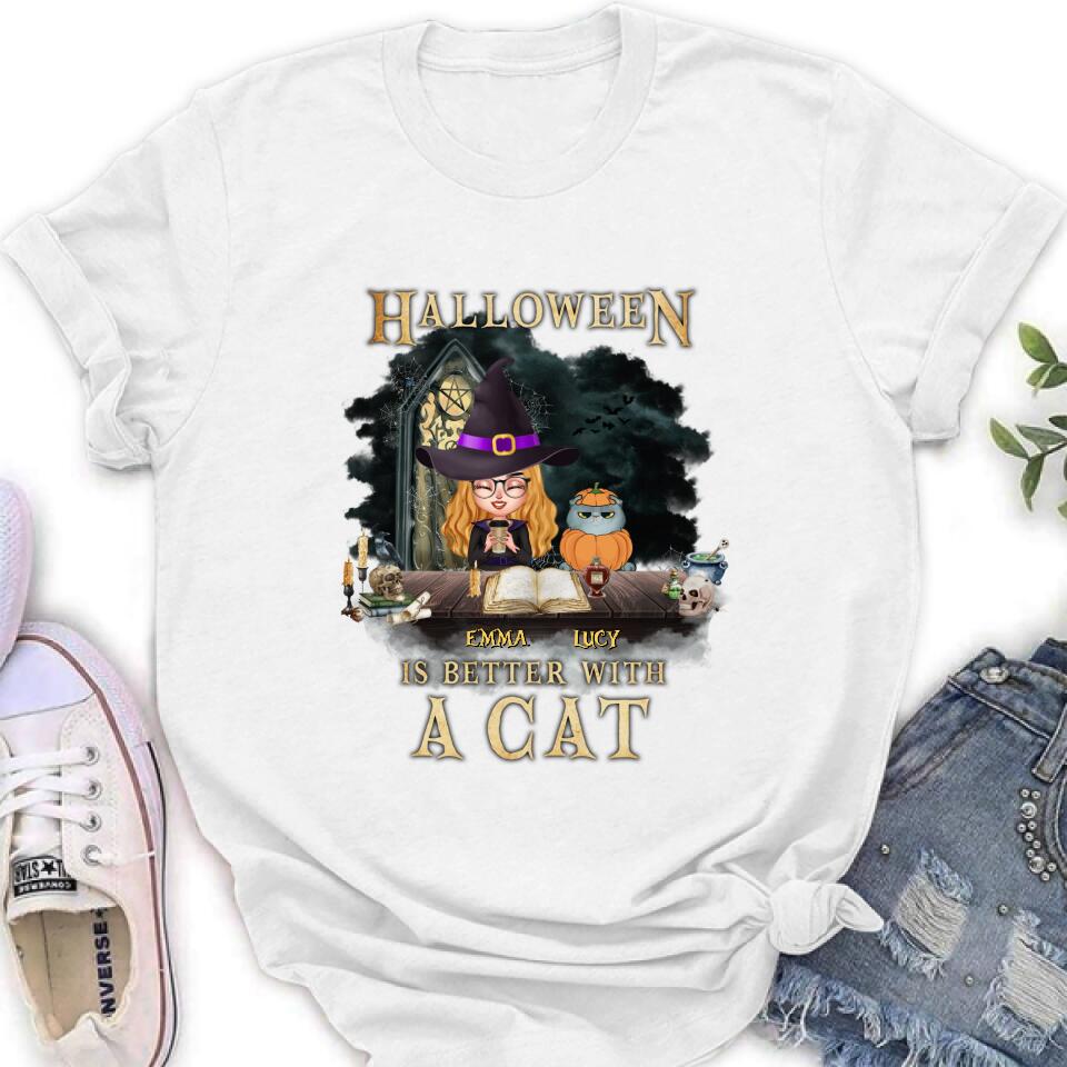 Personalized Halloween  T-shirt/ Long Sleeve - Best Gift Idea For Halloween/ Cat Lover with up to 4 Cats - Halloween Is Better With A Cat