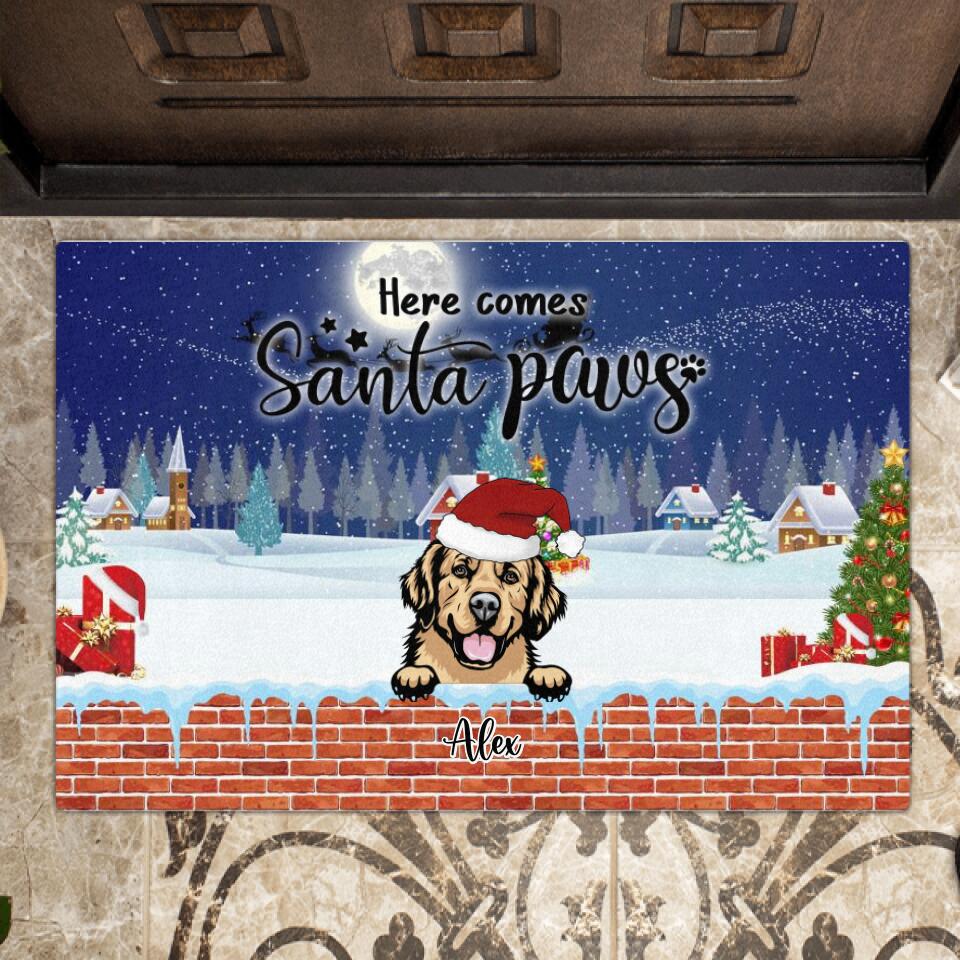 Personalized Dog In Chimney Doormat - Up to 6 Dogs - Christmas Gift For Dog Lover - Here Comes Santa Paws - K6SJV1