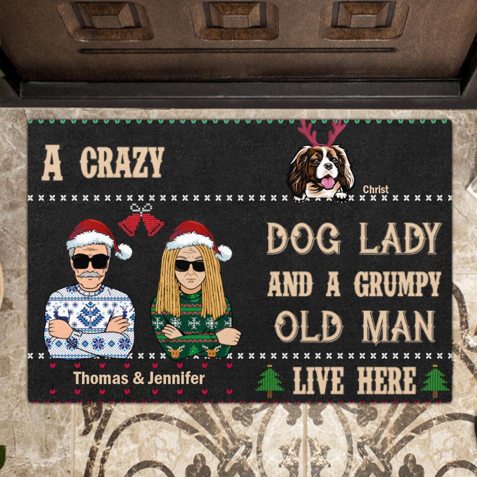 Personalized Crazy Dog Couple Doormat - Old Couple With Up to 5 Dogs - Gift For Dog Lover