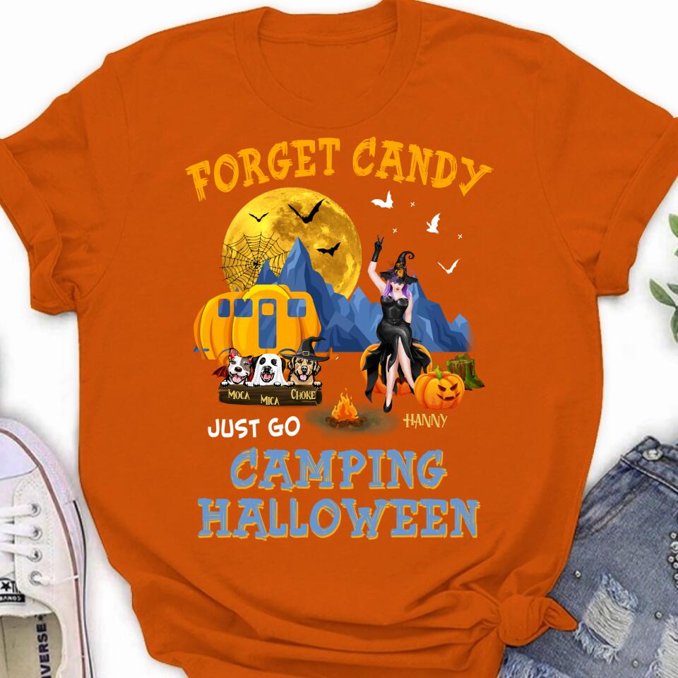 Personalized Camping Witch Shirt/Hoodie - Witch With Up to 3 Dogs - Gift Idea For Halloween/Dog Lover, Camping Lover - Forget Candy Just Go Camping Halloween