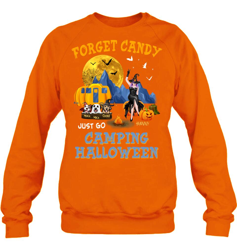 Personalized Camping Witch Shirt/Hoodie - Witch With Up to 3 Dogs - Gift Idea For Halloween/Dog Lover, Camping Lover - Forget Candy Just Go Camping Halloween