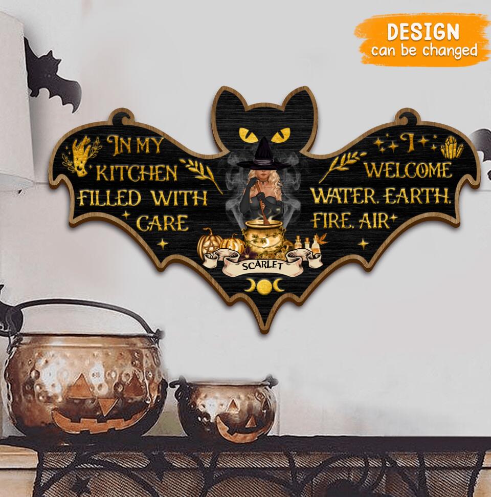 Personalized Witch Wooden Sign - Gift Idea For Halloween/Home Decor - In My Kitchen Filled With Care, I Welcome Water, Earth, Fire, Air