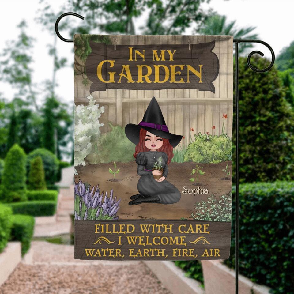 Personalized Garden Witch Flag Sign - Gift Idea For Halloween/Wiccan Decor/Pagan Decor - In My Garden Filled With Care, I Welcome Water, Earth, Fire, Air