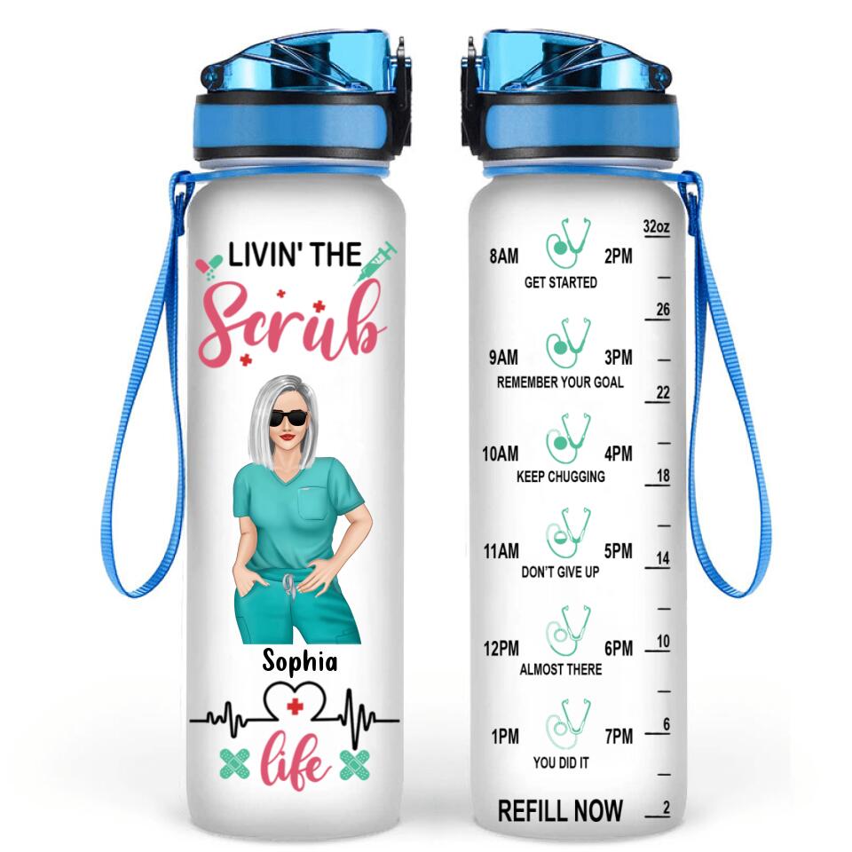 Personalized Nurse Water Tracker Bottle - Gift Idea For Nurse - Livin' The Scrub Life