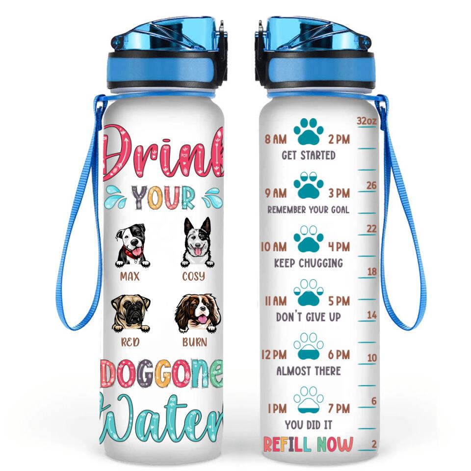Personalized Front Dog Water Tracker Bottle - Gift Idea For Dog Lovers with up to 4 Dogs - Drink Your Doggone Water
