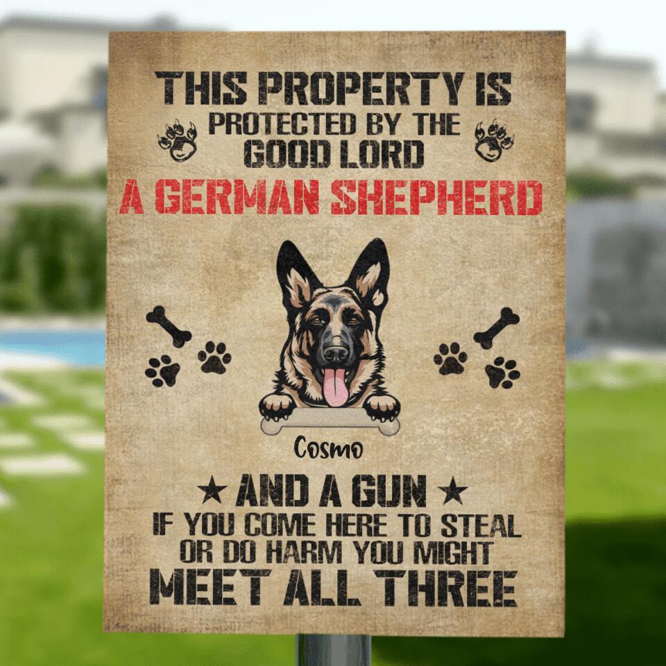Personalized Dog Metal Sign - Up to 4 Dogs - Best Gift For Dog Lover - This Property Is Protected By The Good Lord - JN3EUF