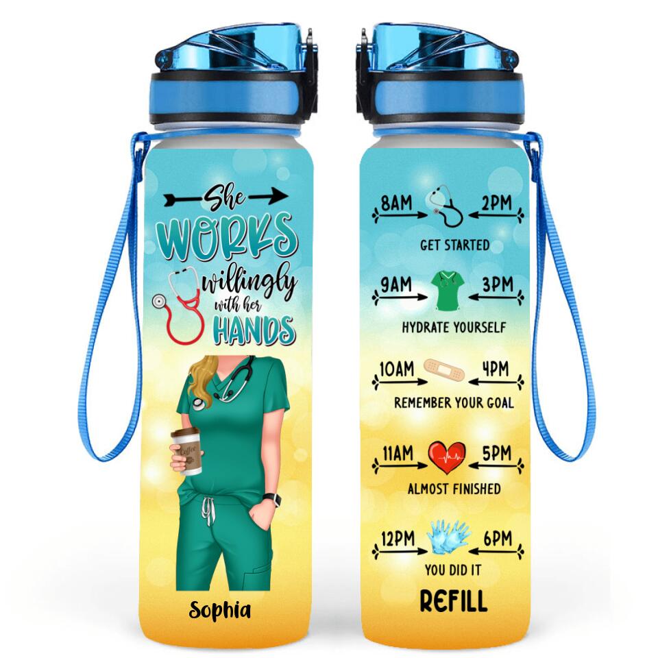 Personalized Nurse Water Tracker Bottle - Gift Idea For Nurse/Birthday - She Works Willingly With Her Hands